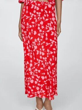 Like New- Mango Red and Pink Printed Floral Long Skirt- Size Large